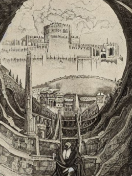 dante-shown-holding-a-copy-of-the-divine-comedy-next-to-the-entrance-to-hell-the-seven-terraces-of-mount-purgatory-and-the-city