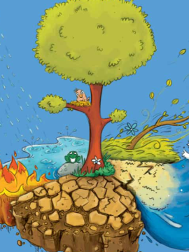 Image from children's book - bird in a tree and frog on the ground and climate disasters all around them