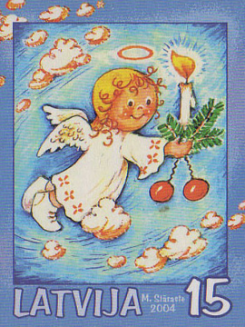 Latvian postage stamp to commemorate Christmas with drawings by the Latvian writer and artist Margarita Stāraste. Features an angel smiling, floating in the clouds and holding a candle.