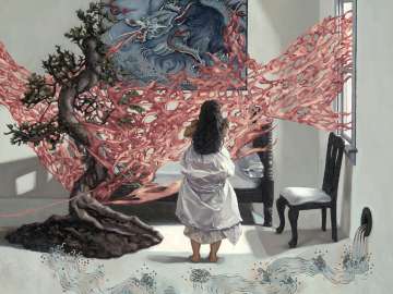 This issue’s featured illustration is by Eugenie Lee, an interdisciplinary artist with a focus on medical science, persistent pain, and disability. This is an image of the painting, oil on linen on birchwood, of the back view of a woman with long black who is wearing what looks like a bed sheet wrapped around her. She is in a bedroom, and there is a large bonsai tree, a single bed with a painting of a dragon over it, and a chair by the window. Stretched across these objects is a pink net-like material. You can read Eugenie’s description here: https://eugenielee.com.au/paintings