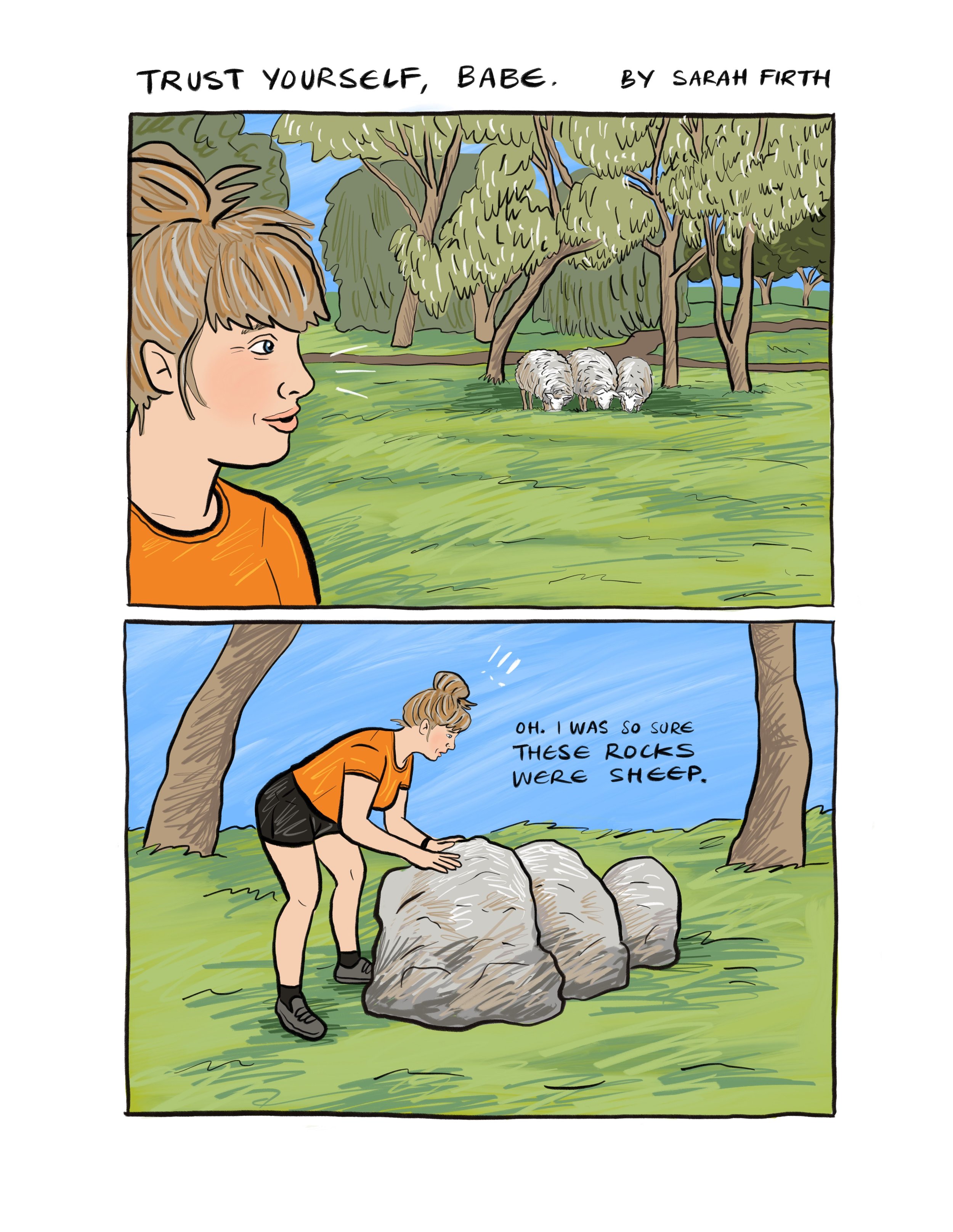 In the first image, a woman looks at sheep in the park. In the second image, she is closer and realises they are rocks. She says, "Oh, I was so sure these were sheep."