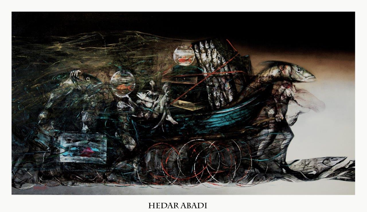 A painting by artist Hedar Abadi: featuring dark colours, a boat and several fish motives.