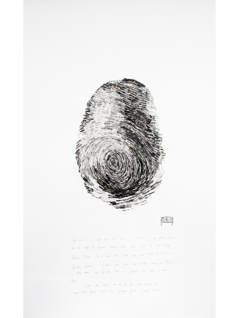 A woodprint collage reproduction of a thumbprint in black and white.