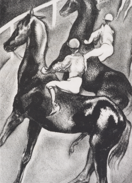 Lithograph image of stylised racehorses and jockeys rounding a bend on the course
